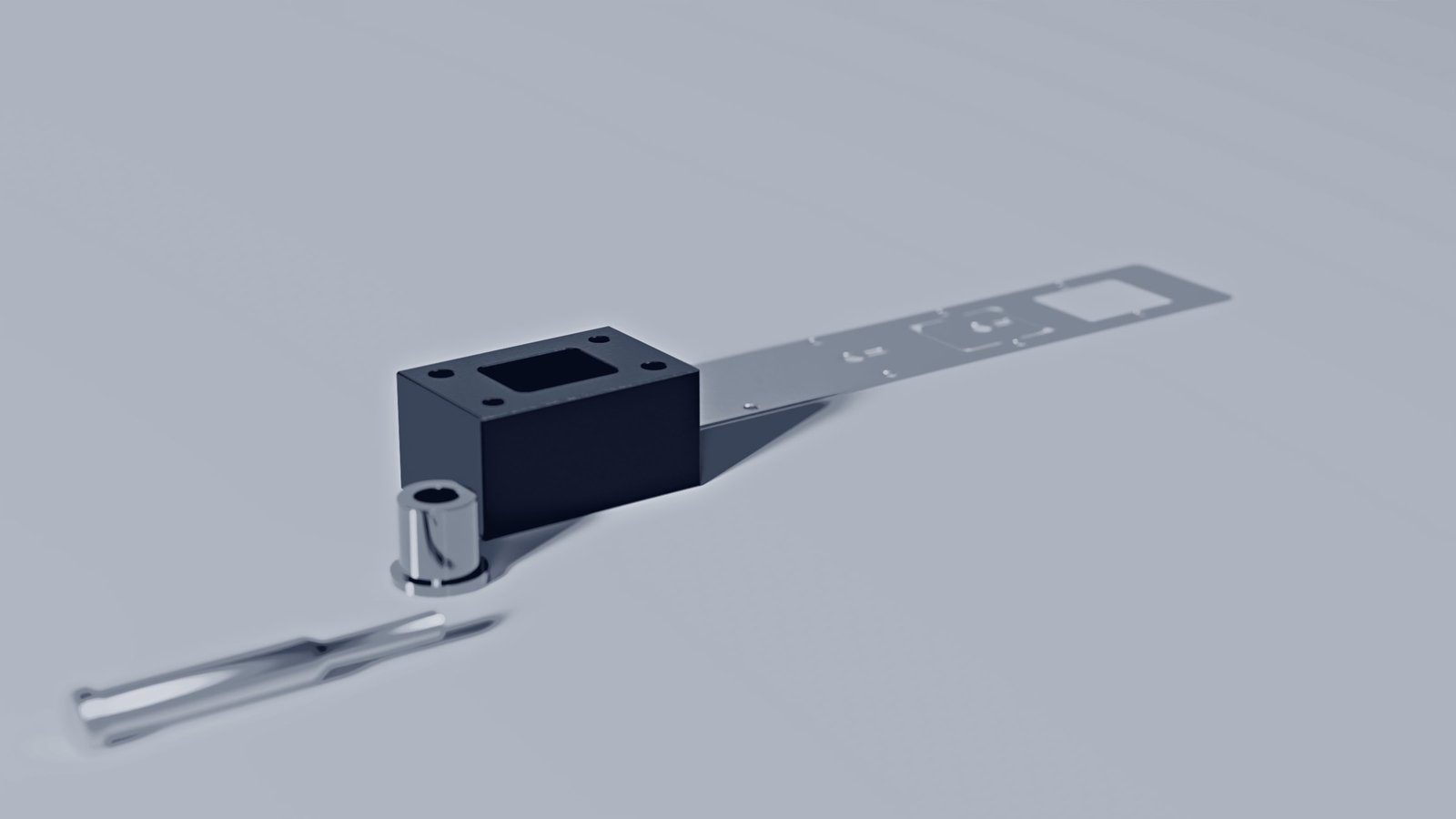 Stamping tooling on a pale studio surface: a round punch, a die bushing, a die insert and a progressive strip.