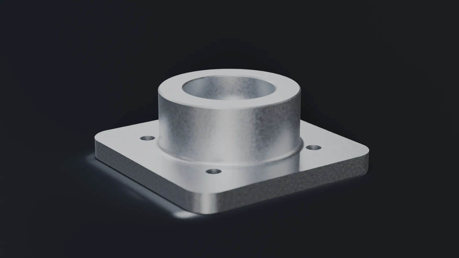 A bead-blasted aluminium bearing housing with its bore facing the camera, on a pale studio surface.